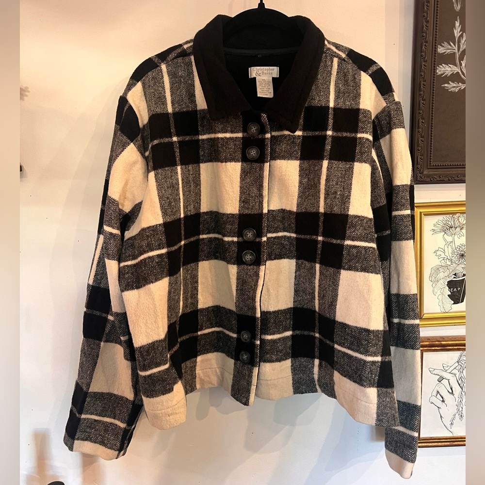 Christopher & Banks Black and Cream Plaid Teddy Jacket